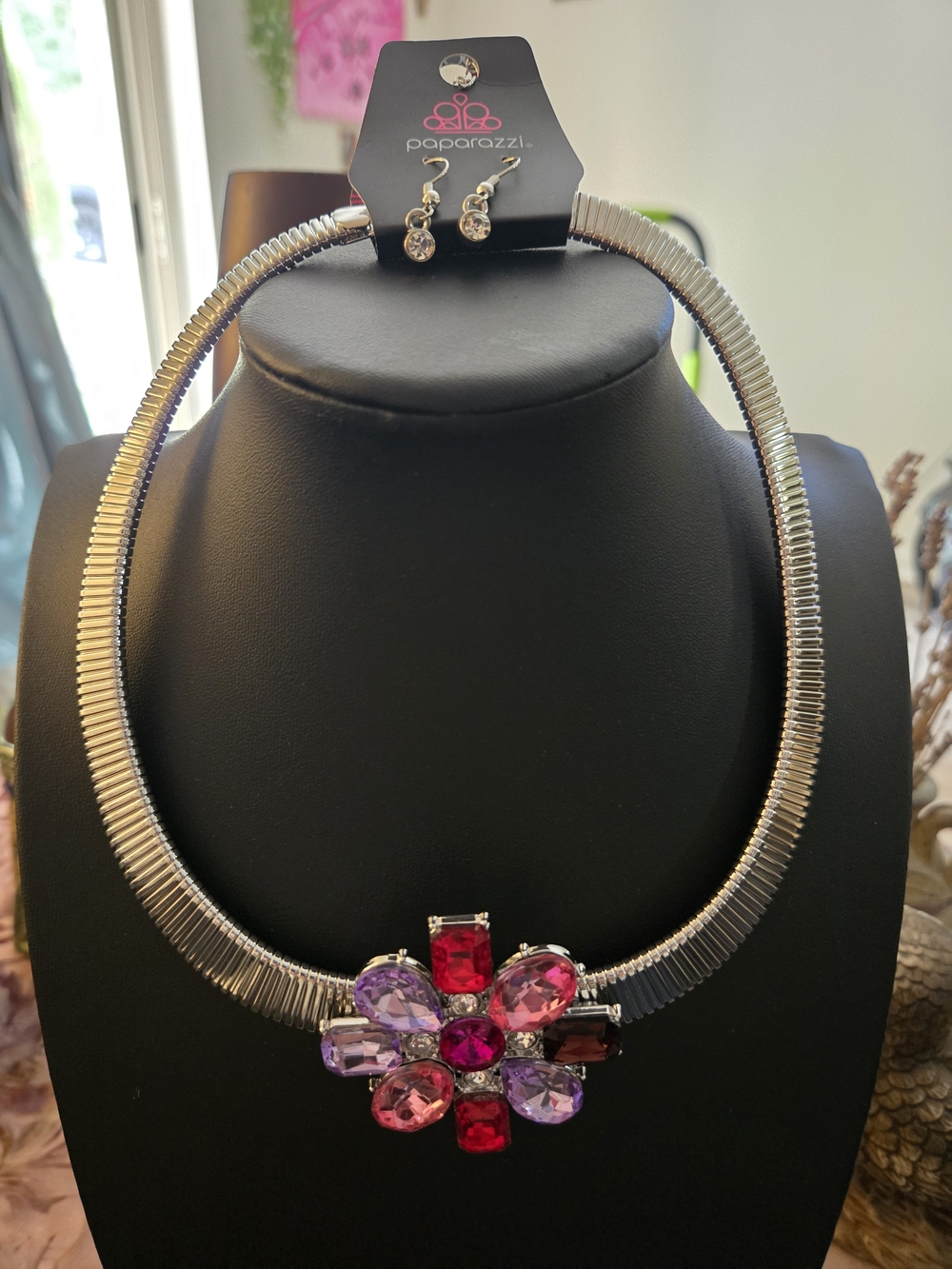 paparazzi Silver Collar Necklace with Pink & Purple Gem Flower